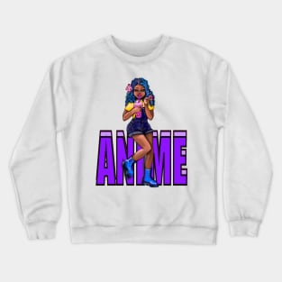 Cute Kawaii black Girl with bubble tea, African American, Black cartoon, purple text anime, game character girl Crewneck Sweatshirt